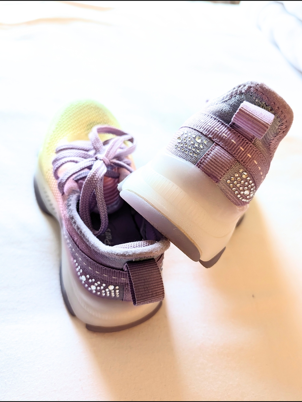 Kids' Knit Lace-Up Sneakers with Rhinestone Detail in Lavender and Yellow